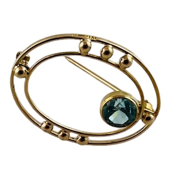 10K Yellow Gold Open Oval Blue Zircon Brooch #15684 - Picture 1 of 9